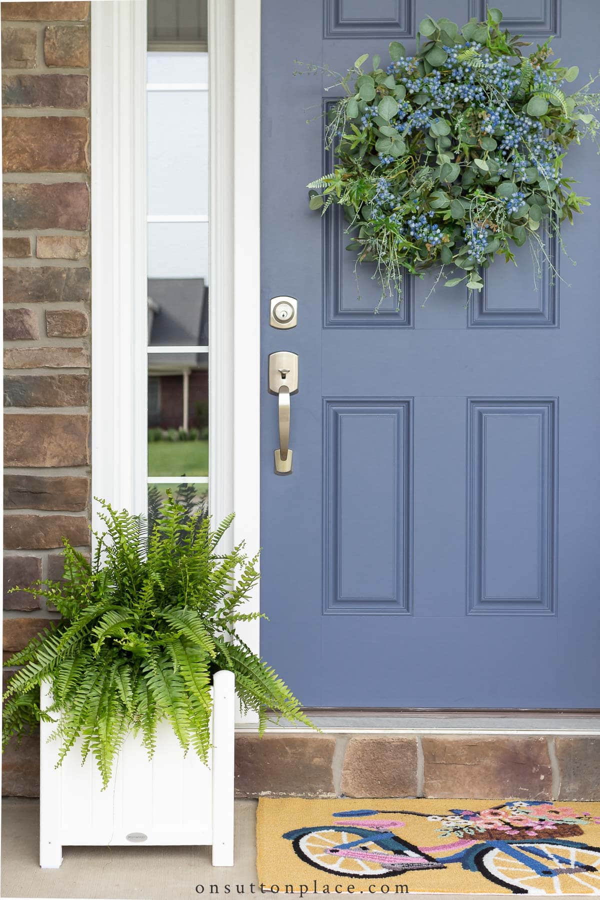 front door with doormat and fern planter