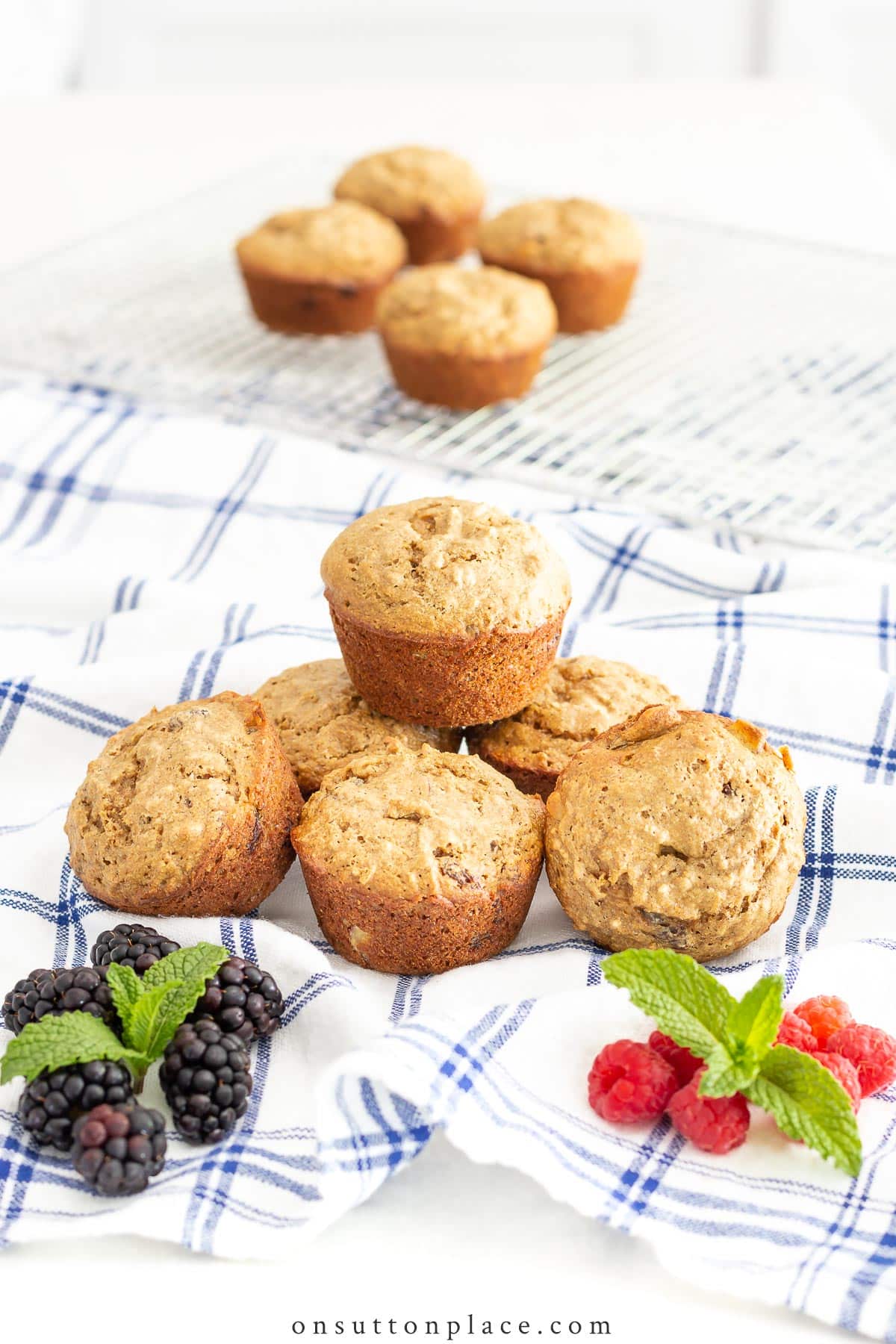 healthy bran muffins piled with fruit