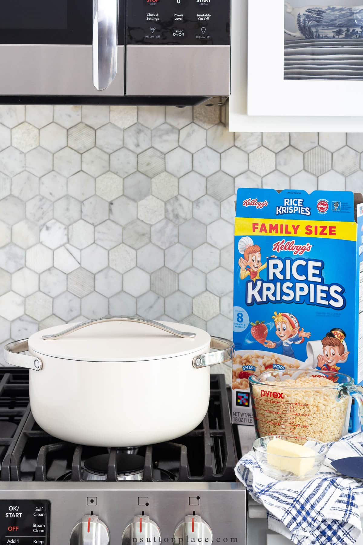 caraway dutch oven on stove with rice krispie treats ingredients
