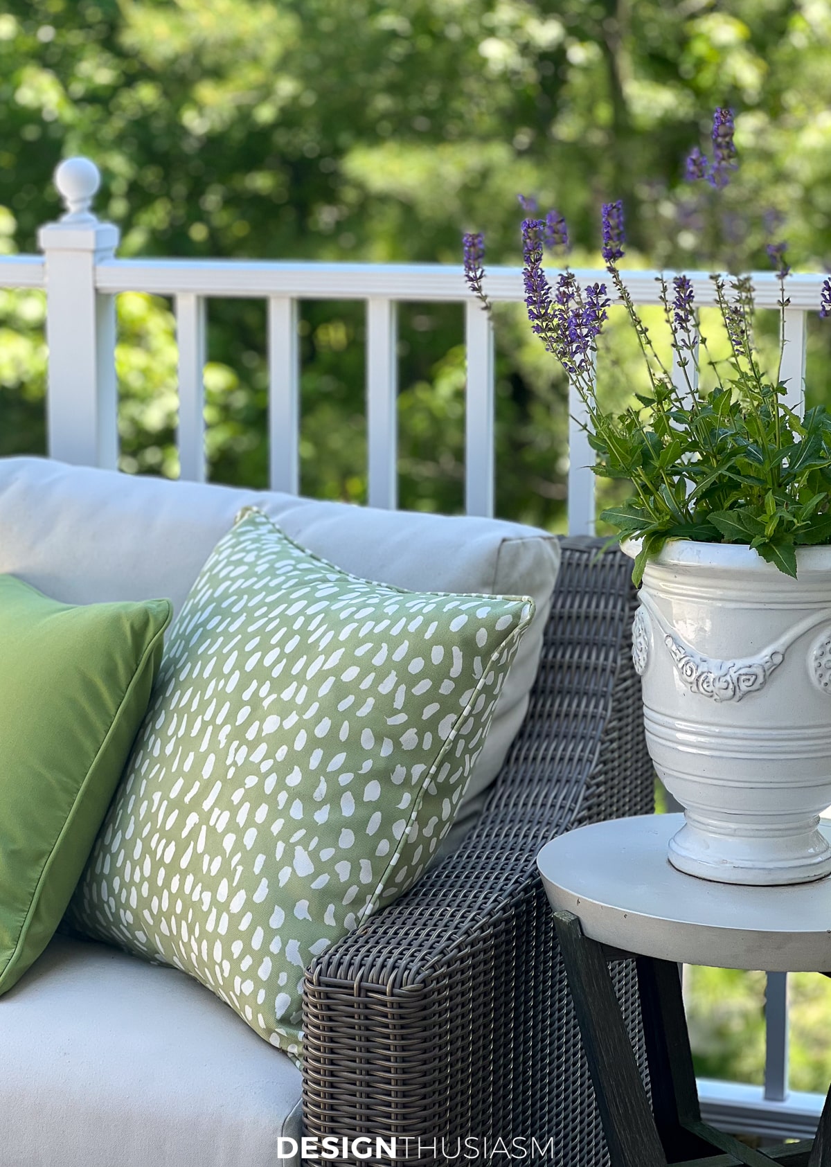 green and white patio pillows