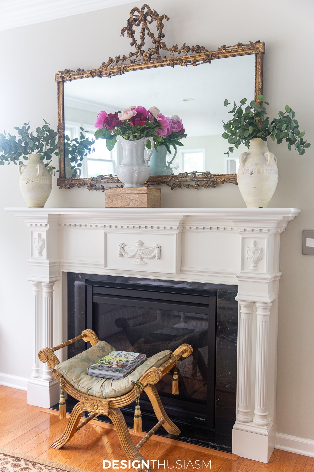 summer mantel with peonies