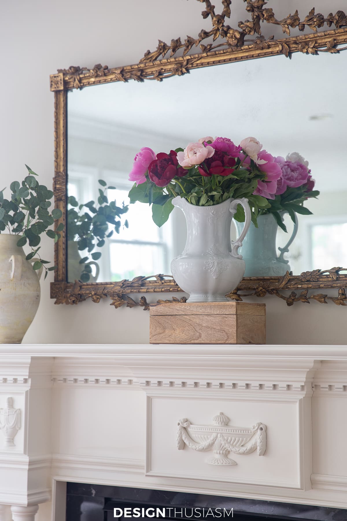 summer mantel with peonies