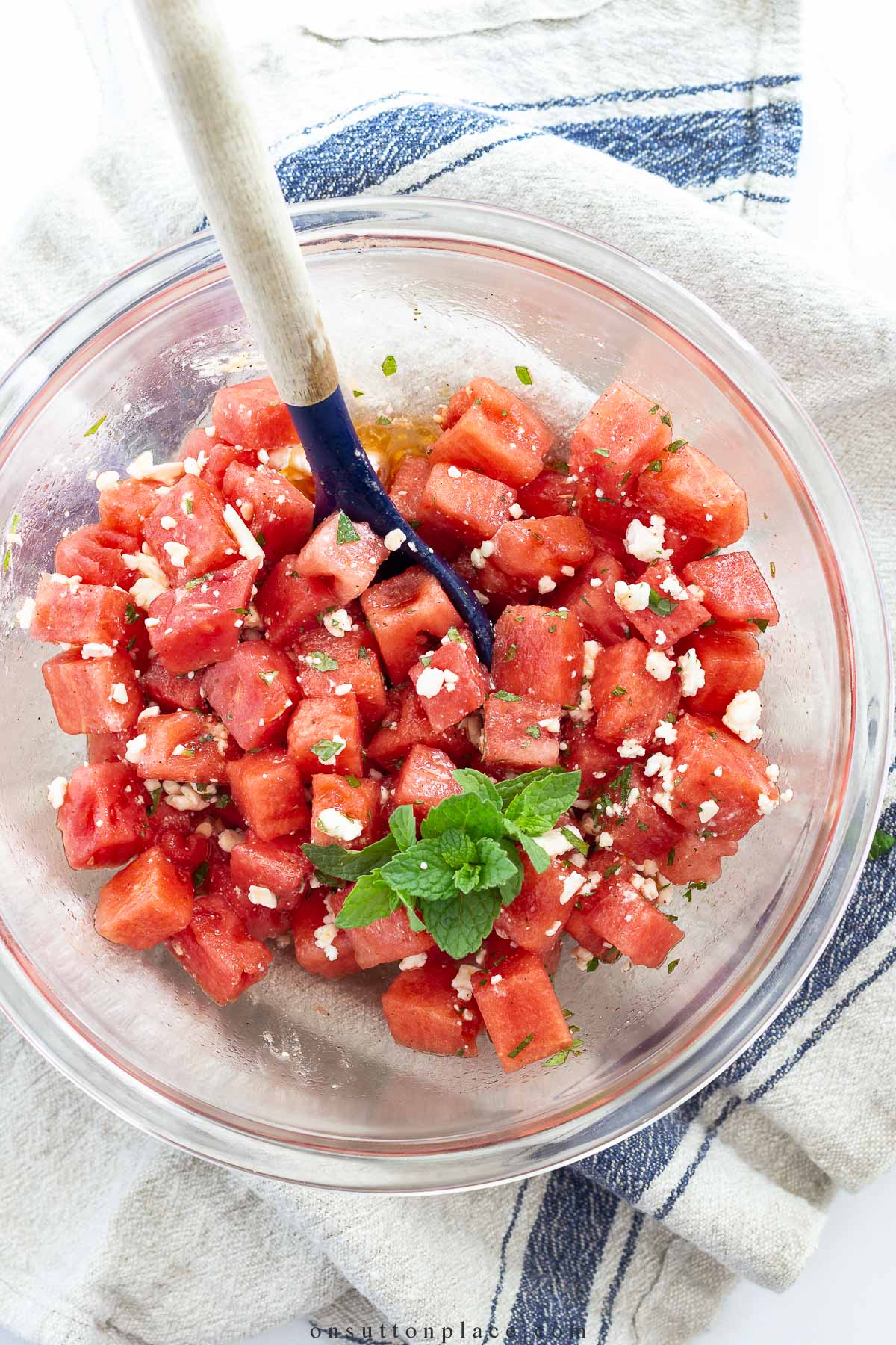 watermelon feta salad in bowl
