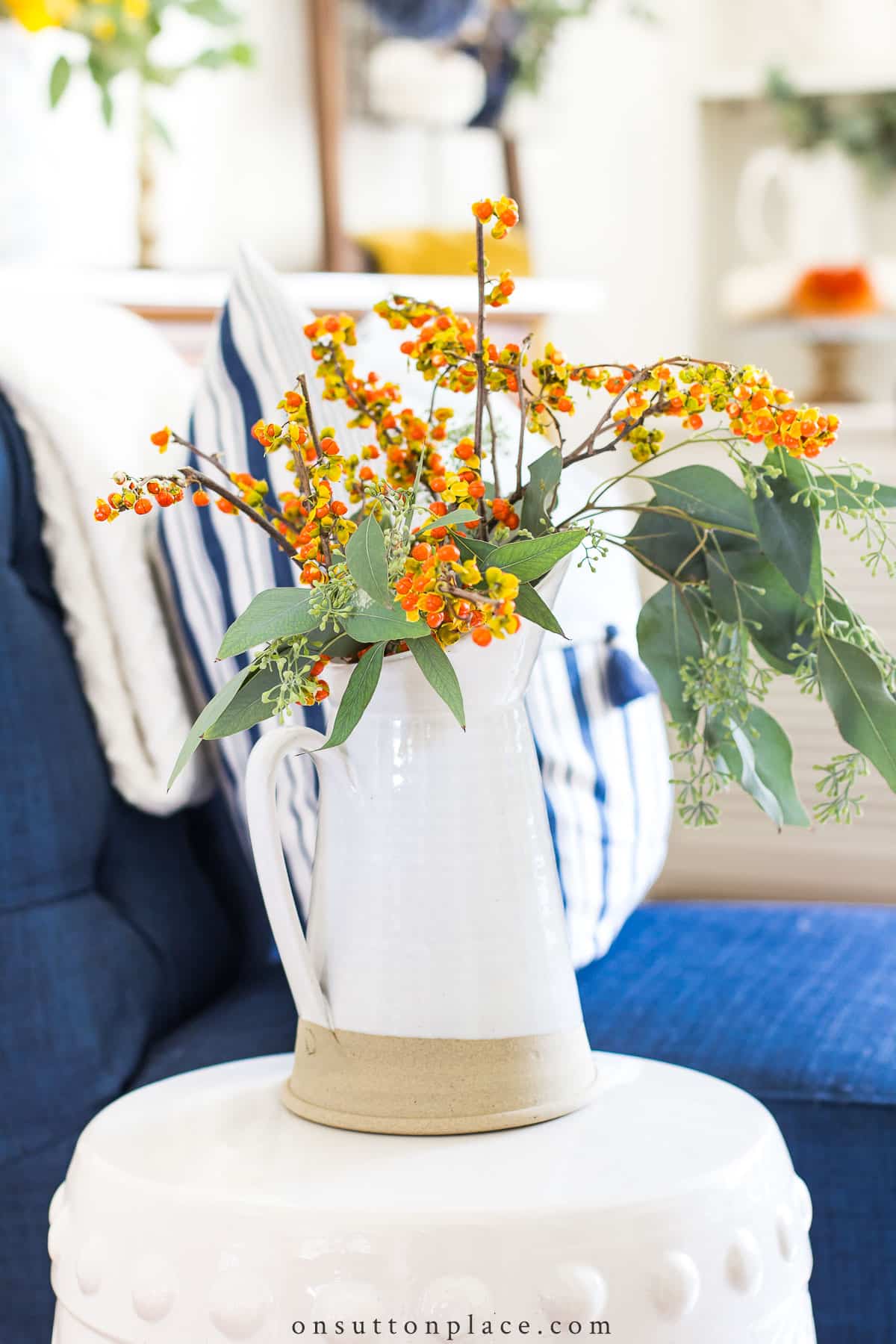 bittersweet in farmhouse pitcher fall decor