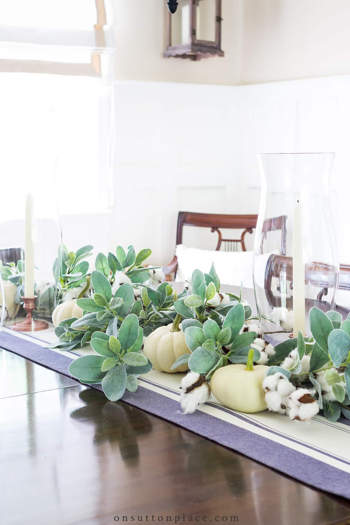 fall garland with lamb's ear and mini pumpkins on table 2022