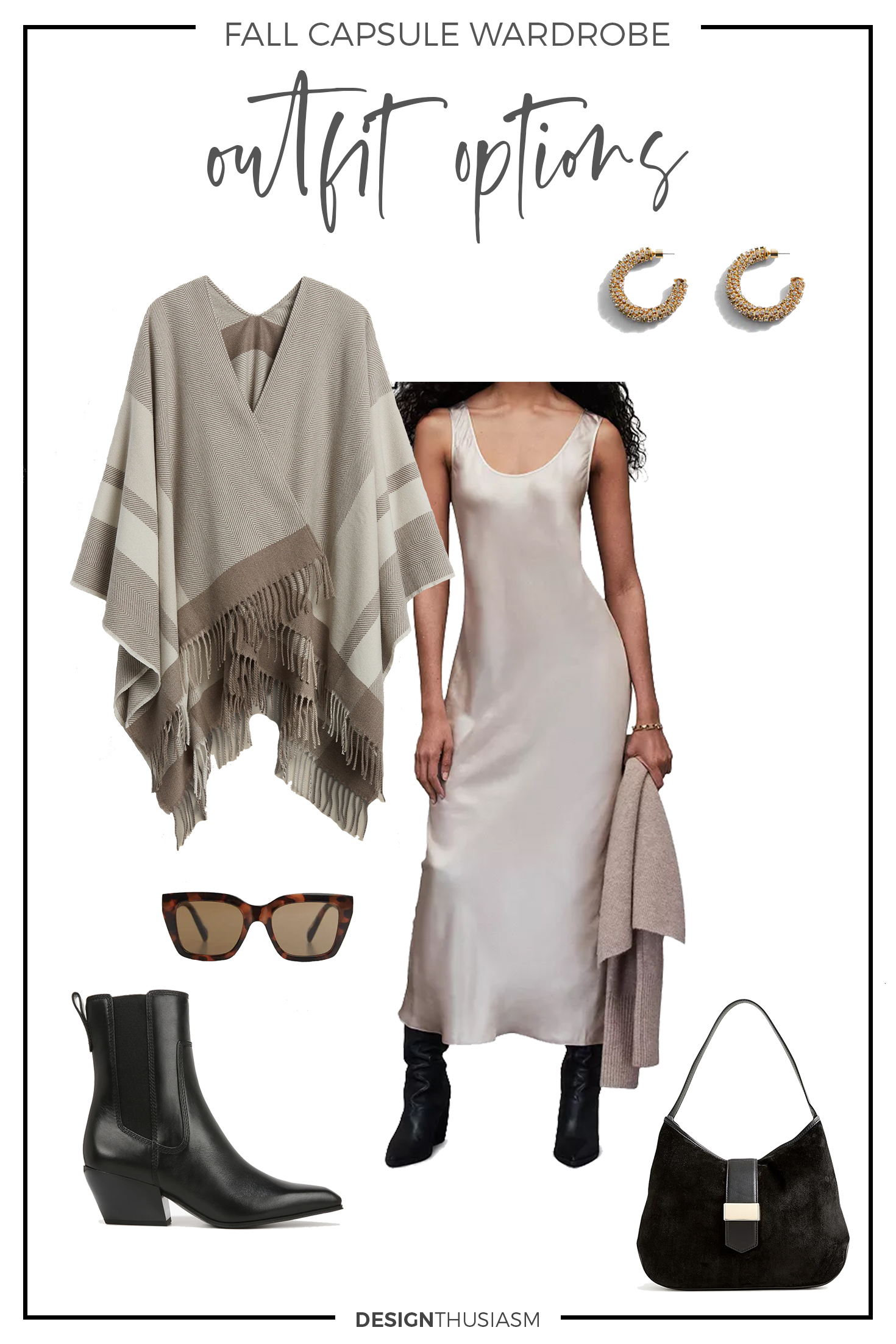 Fall Outfit Options with silky midi dress and plaid wrap