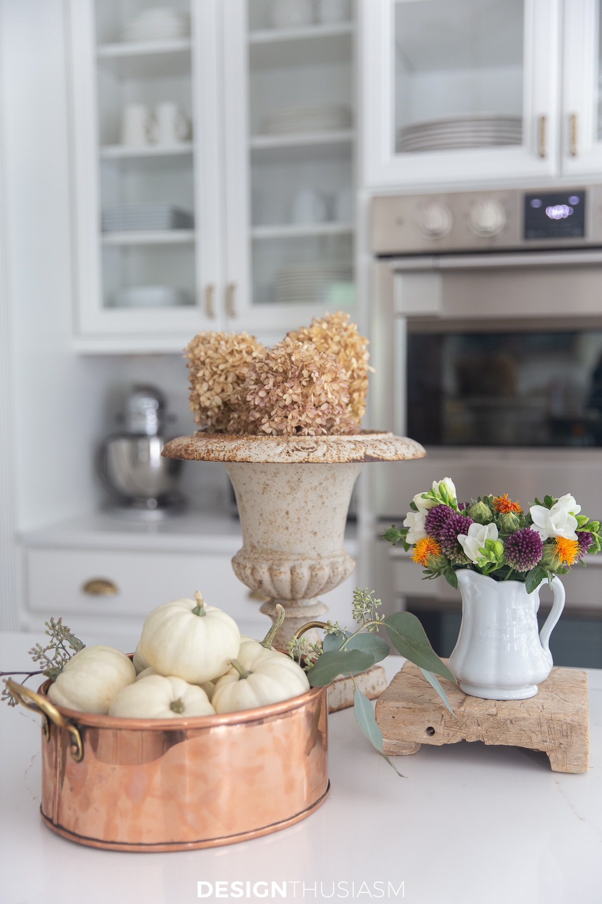 Vintage fall decor on kitchen counter