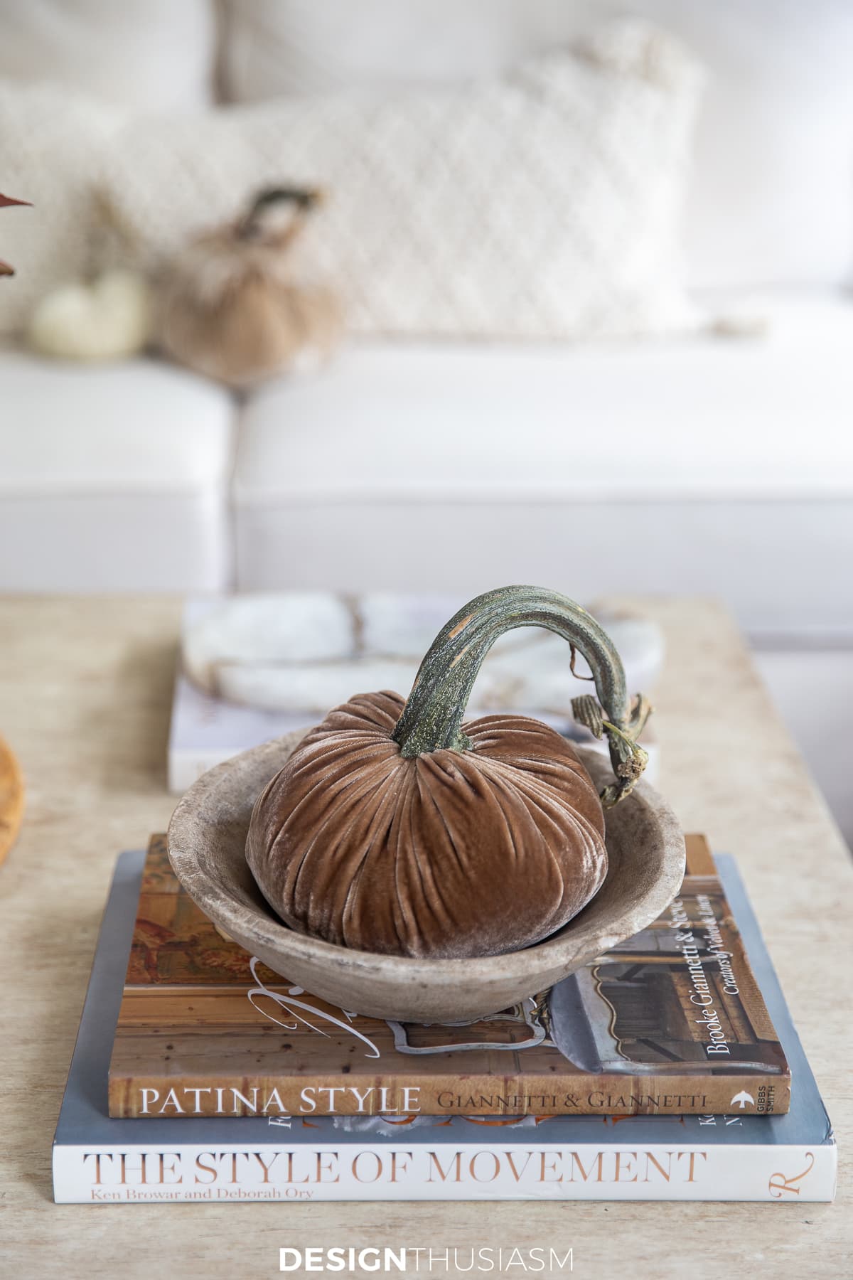 Vintage fall decor stone bowl with velvet pumpkin