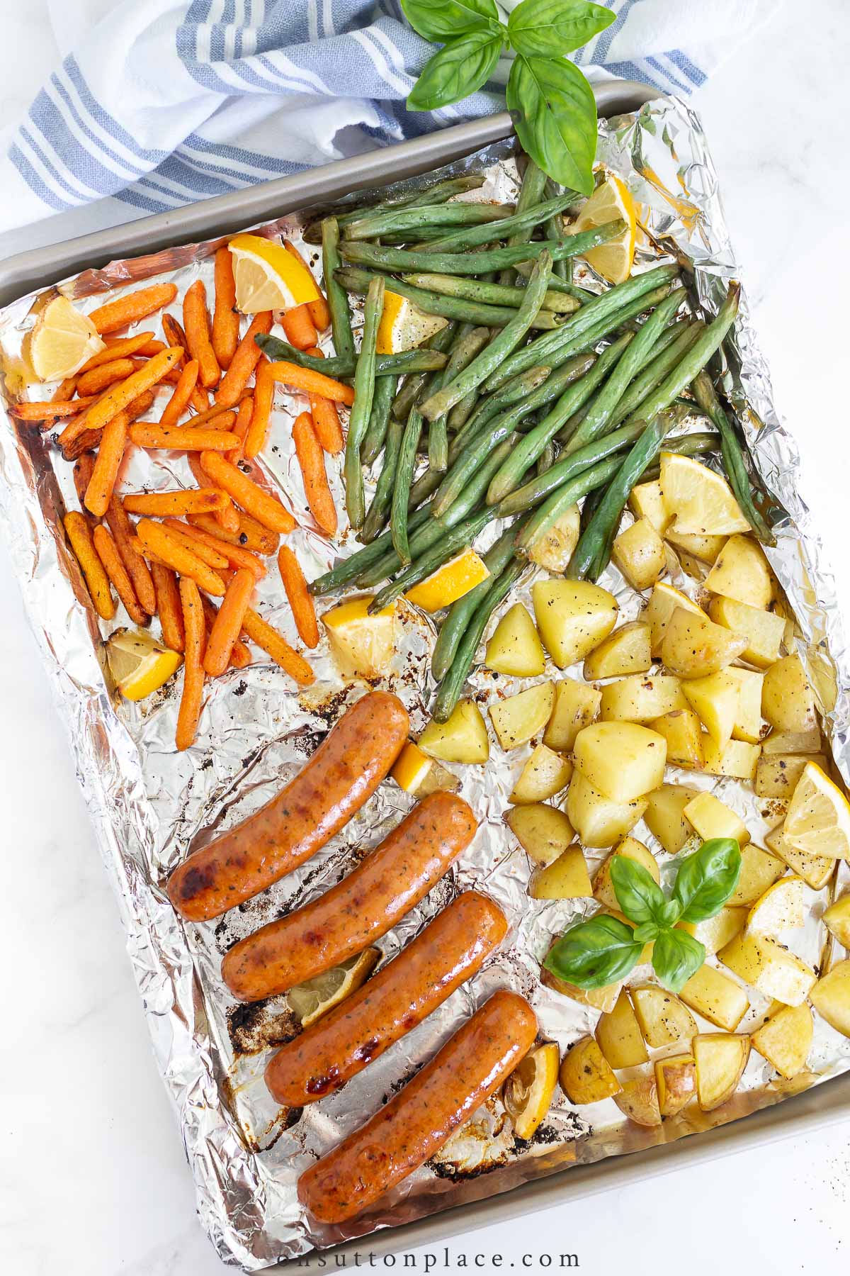 apple chicken sausage veggies on sheet pan