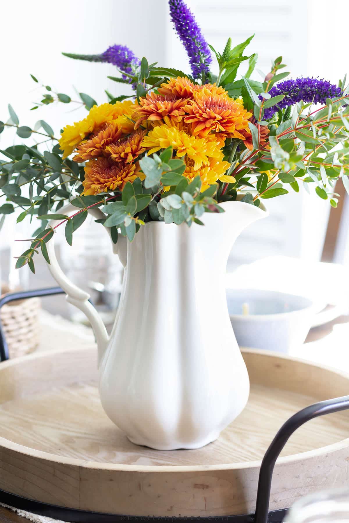 fall flower centerpiece in pitcher