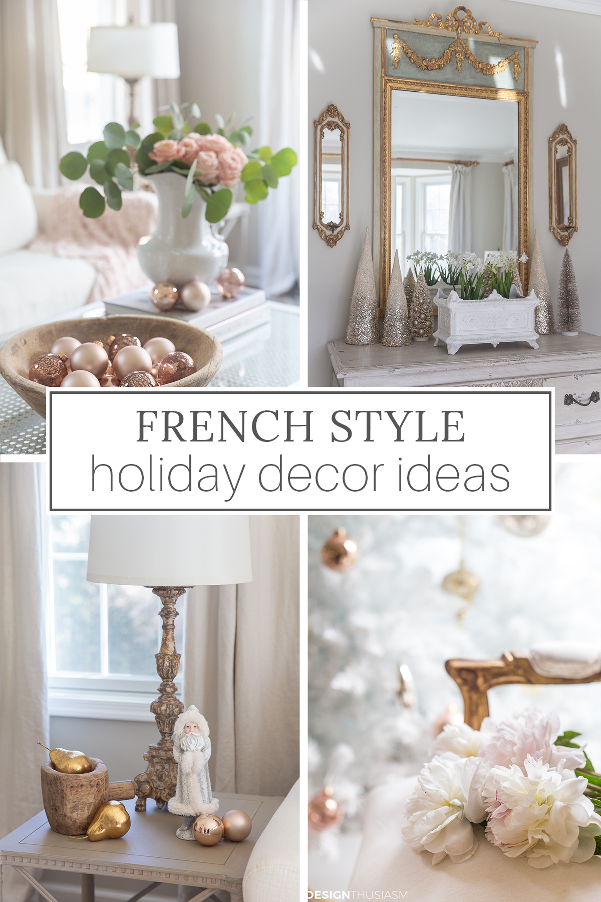 French Country holiday decor with a white Christmas tree