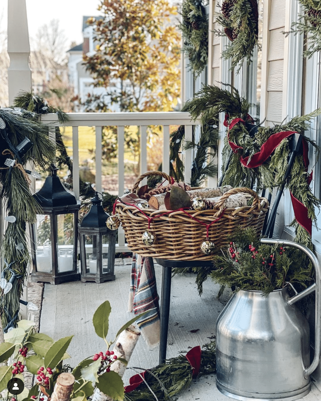 Christmas porch with greenery and baskets