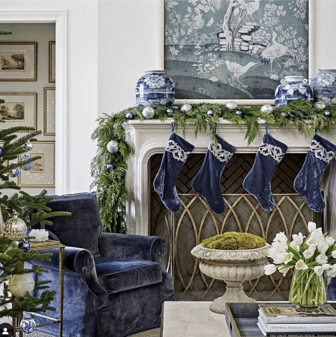 Christmas mantel with blue and white chinoiserie