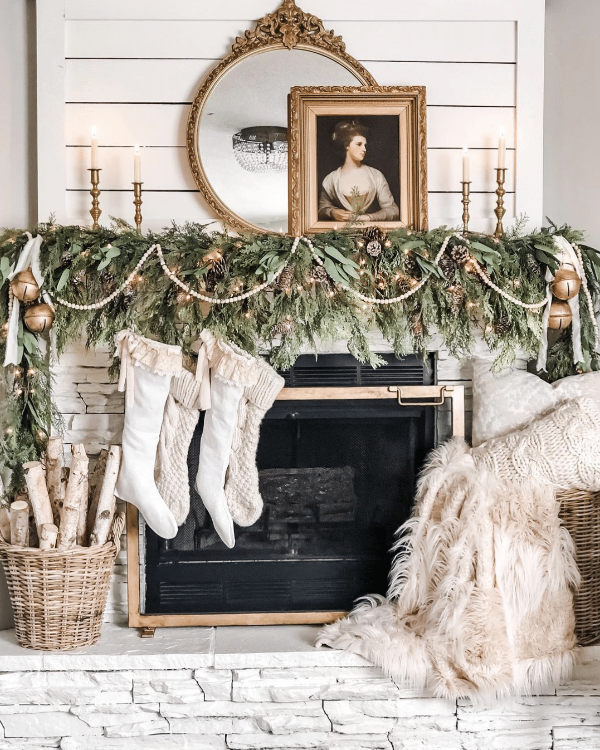 Christmas mantel with draped greens
