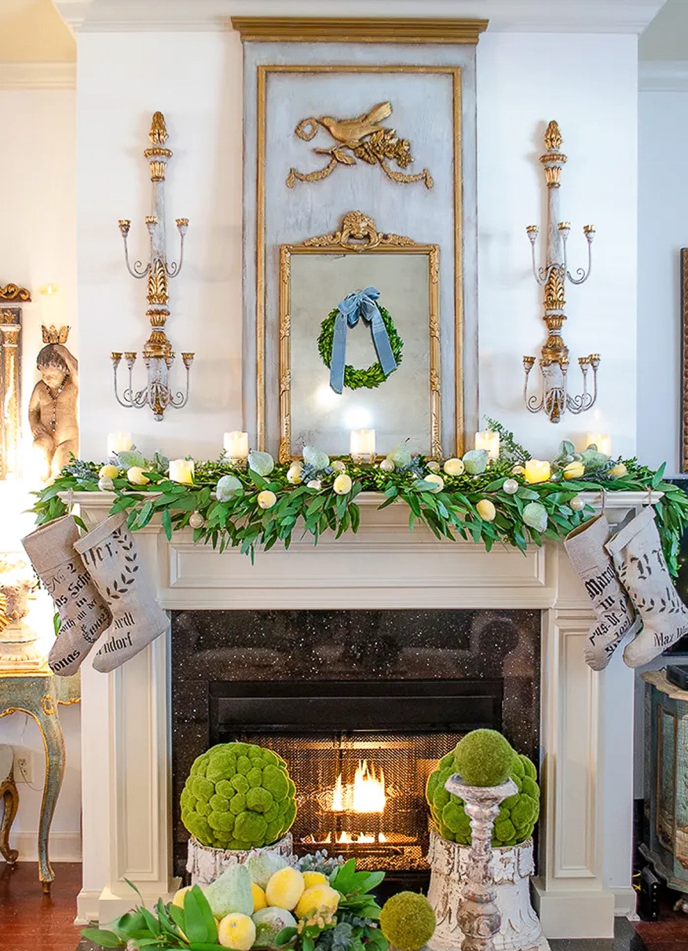 Christmas mantel with sugared fruit