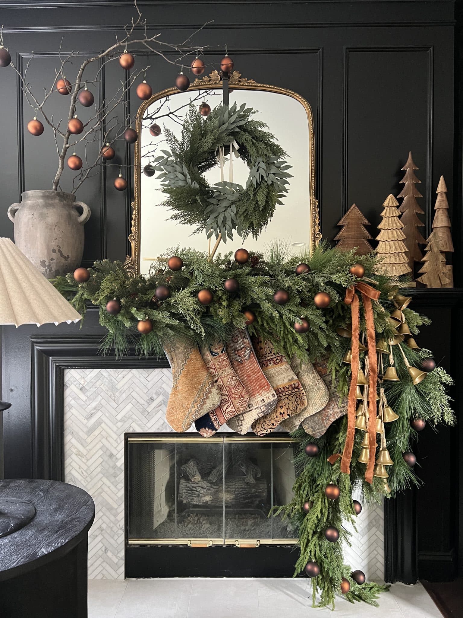 Christmas mantel with brown accents