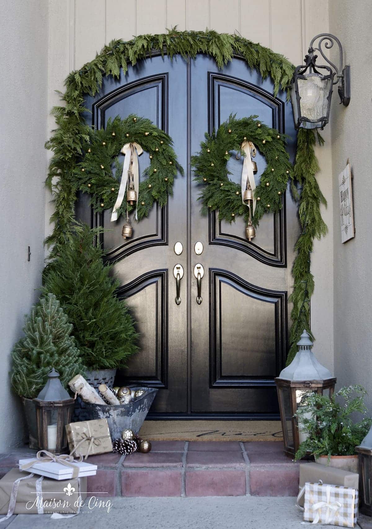 Christmas porch with twin wreaths