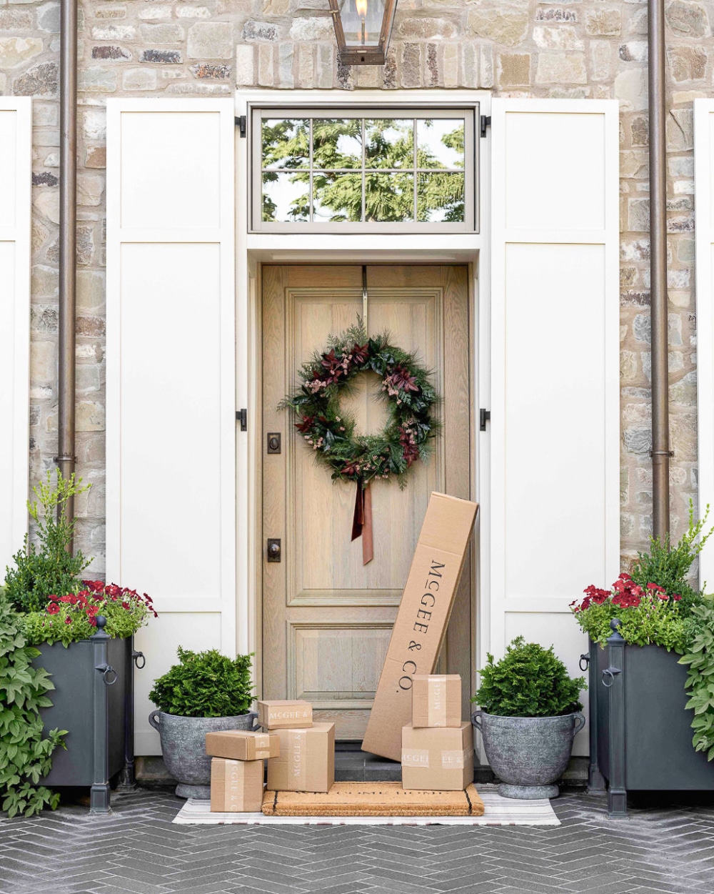Christmas porch with classic greenery