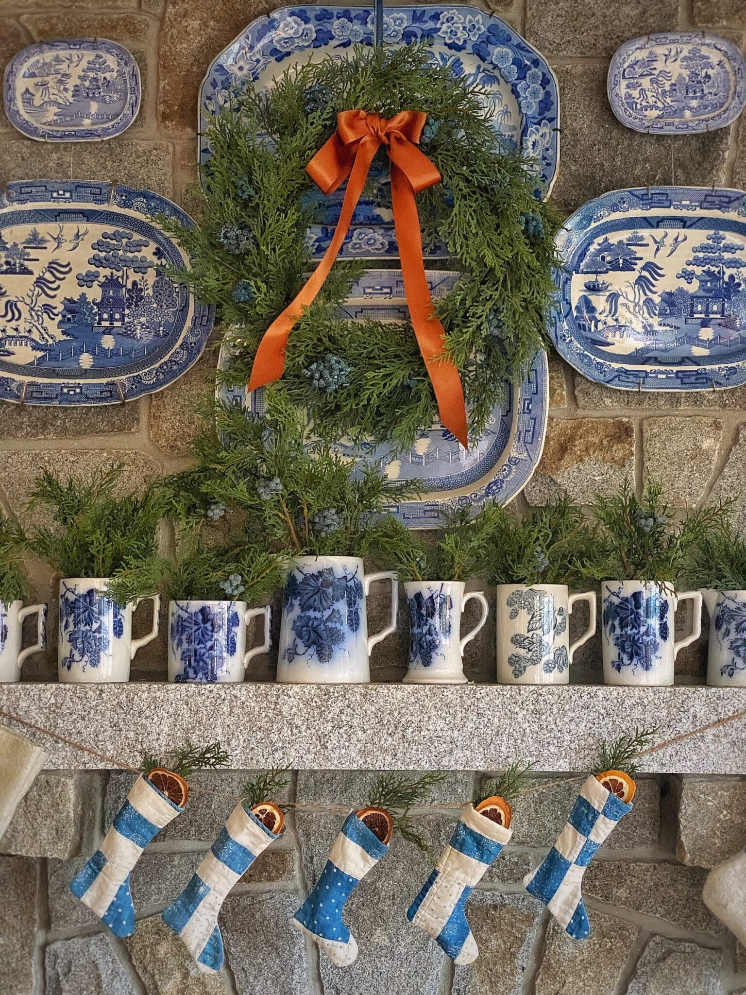 Christmas mantel with blue and white chinoiserie