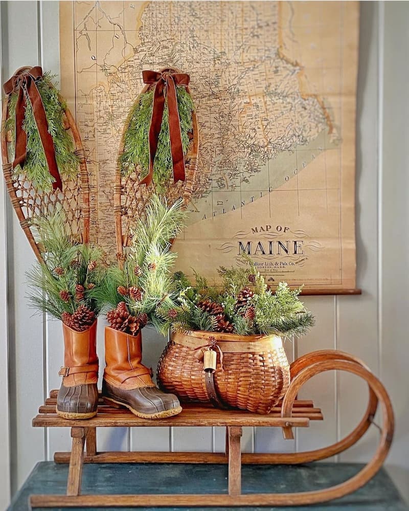 vintage Christmas decor snowshoes and sled