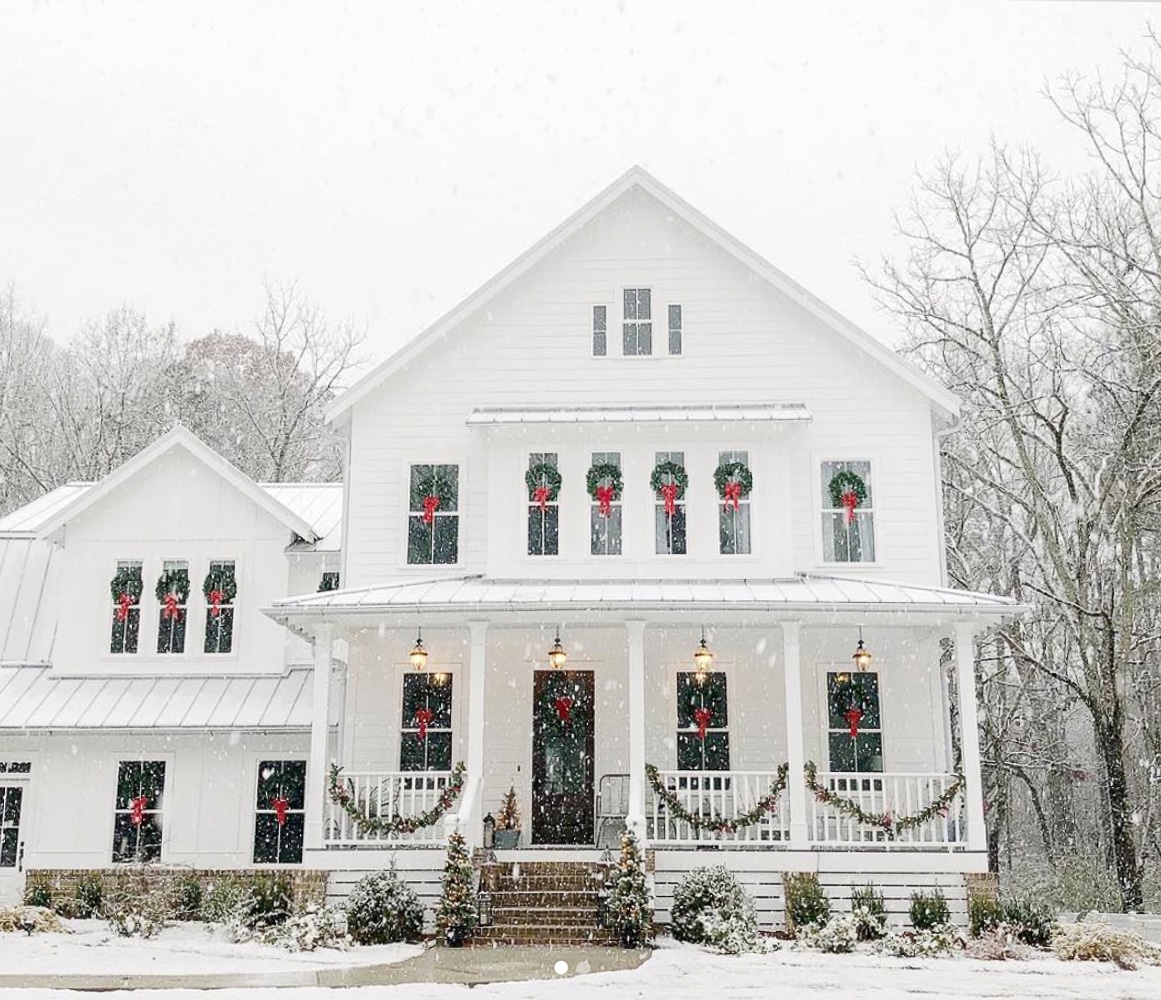 Christmas porch with window wreaths
