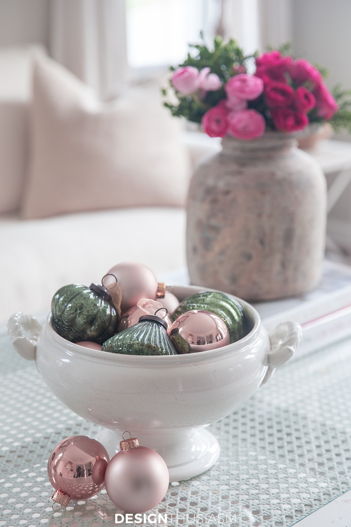 Pink and green Christmas decor