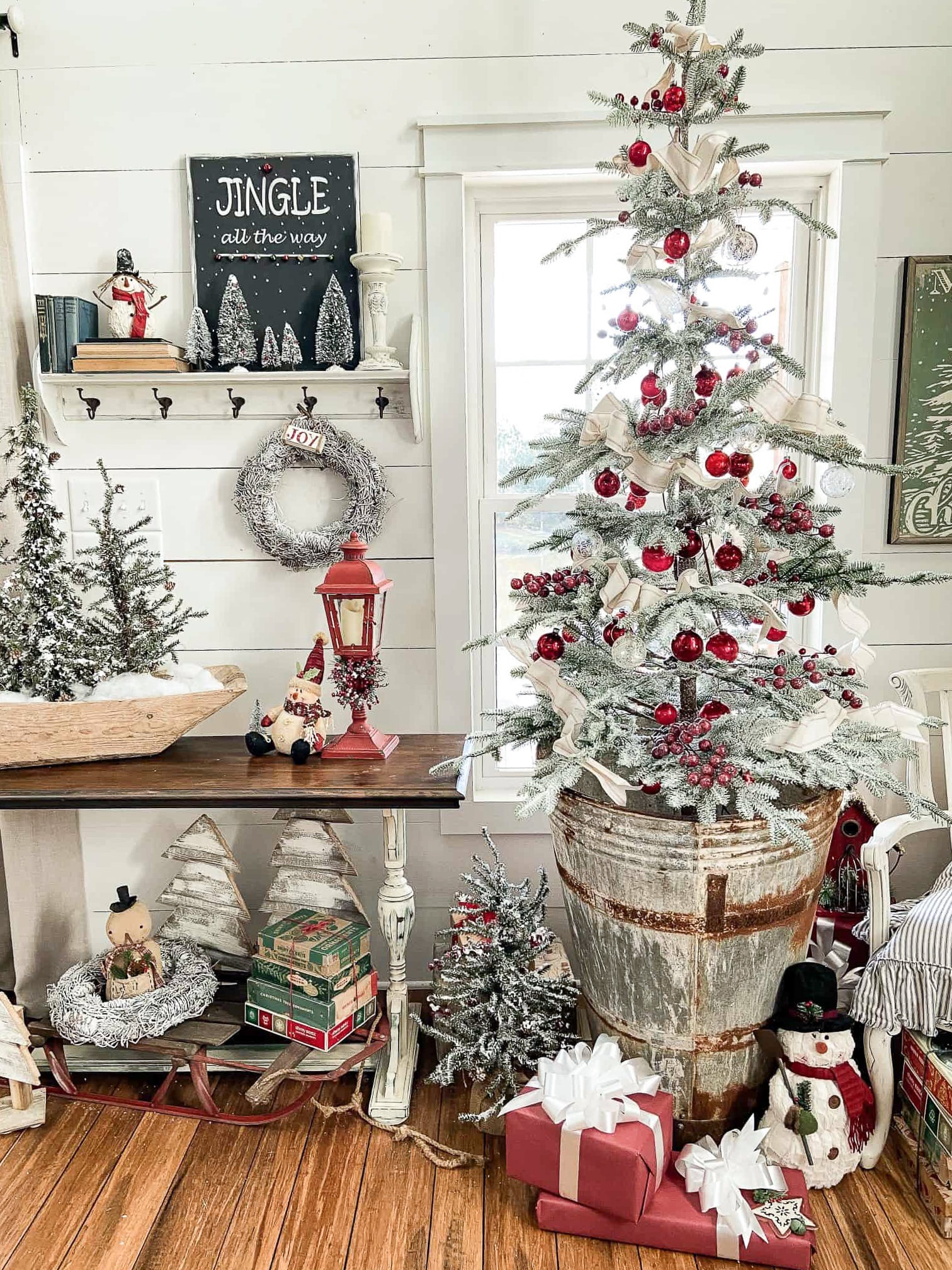 vintage Christmas decor tree in bucket