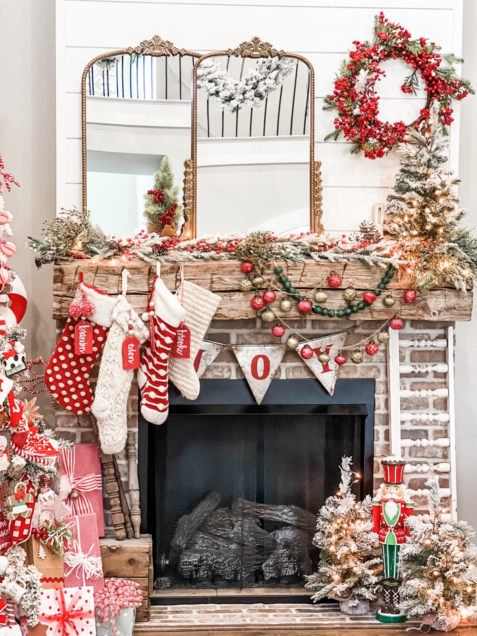 Christmas mantel with red and white decor