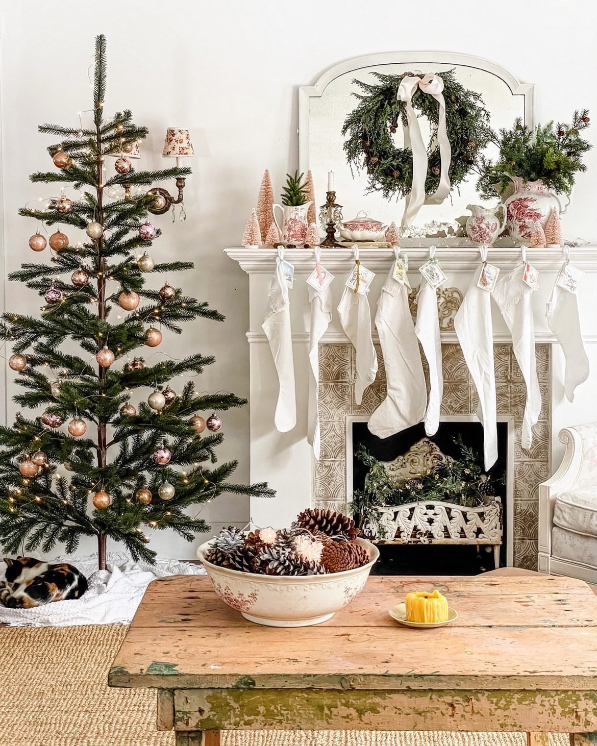 Christmas mantel with cotton stockings