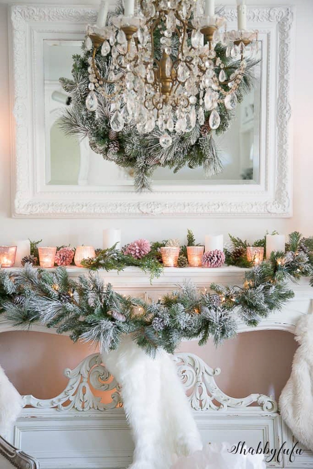 Christmas mantel with copper votives