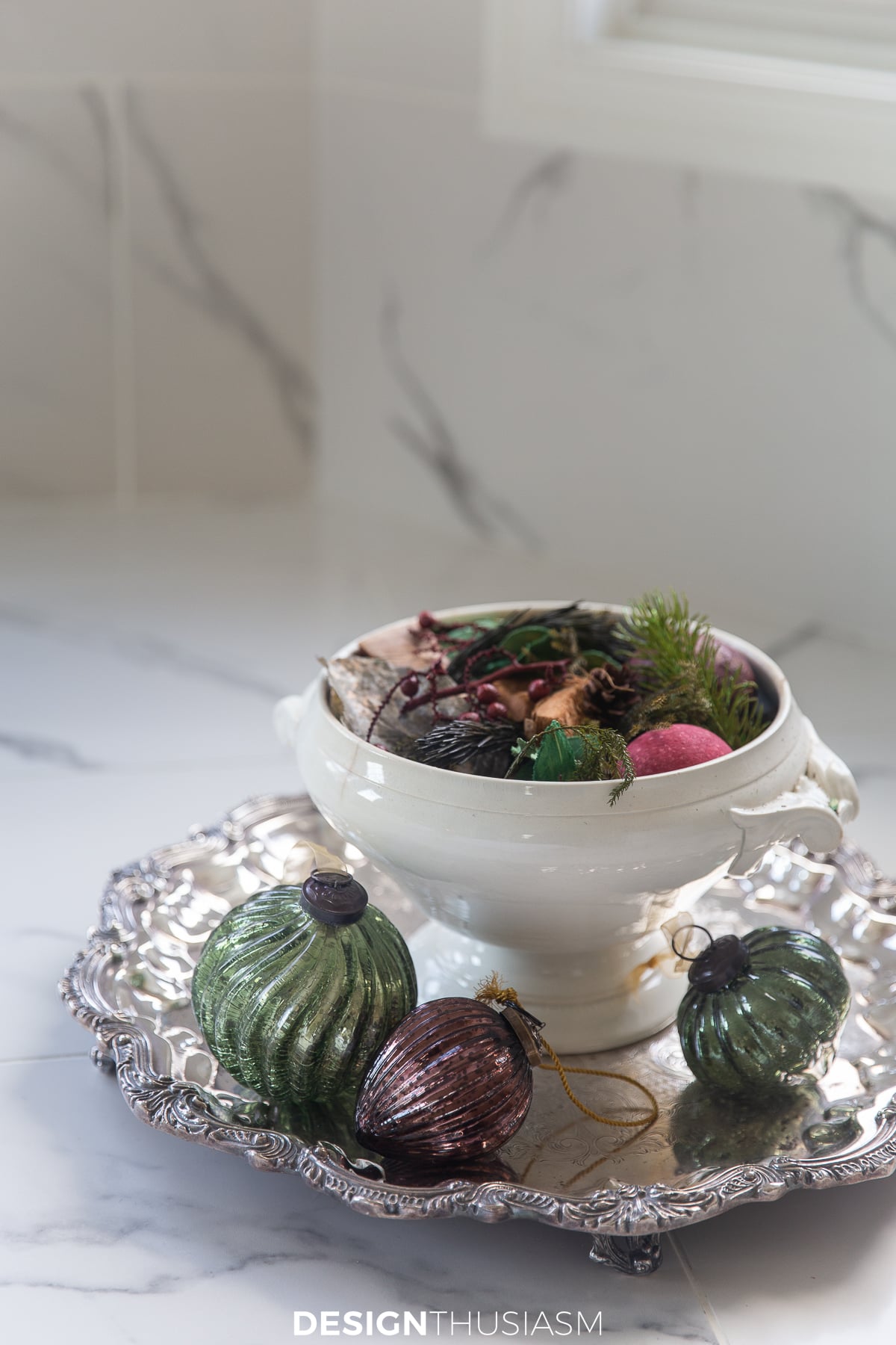 christmas decorations for the bathroom with potpourri in an ironstone bowl