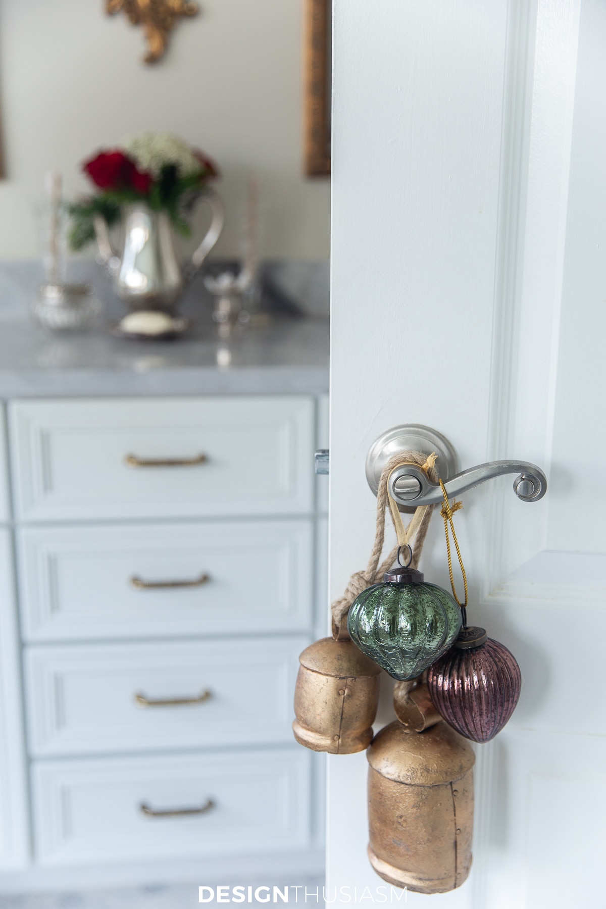 christmas decorations for the bathroom with bells on the doorknob