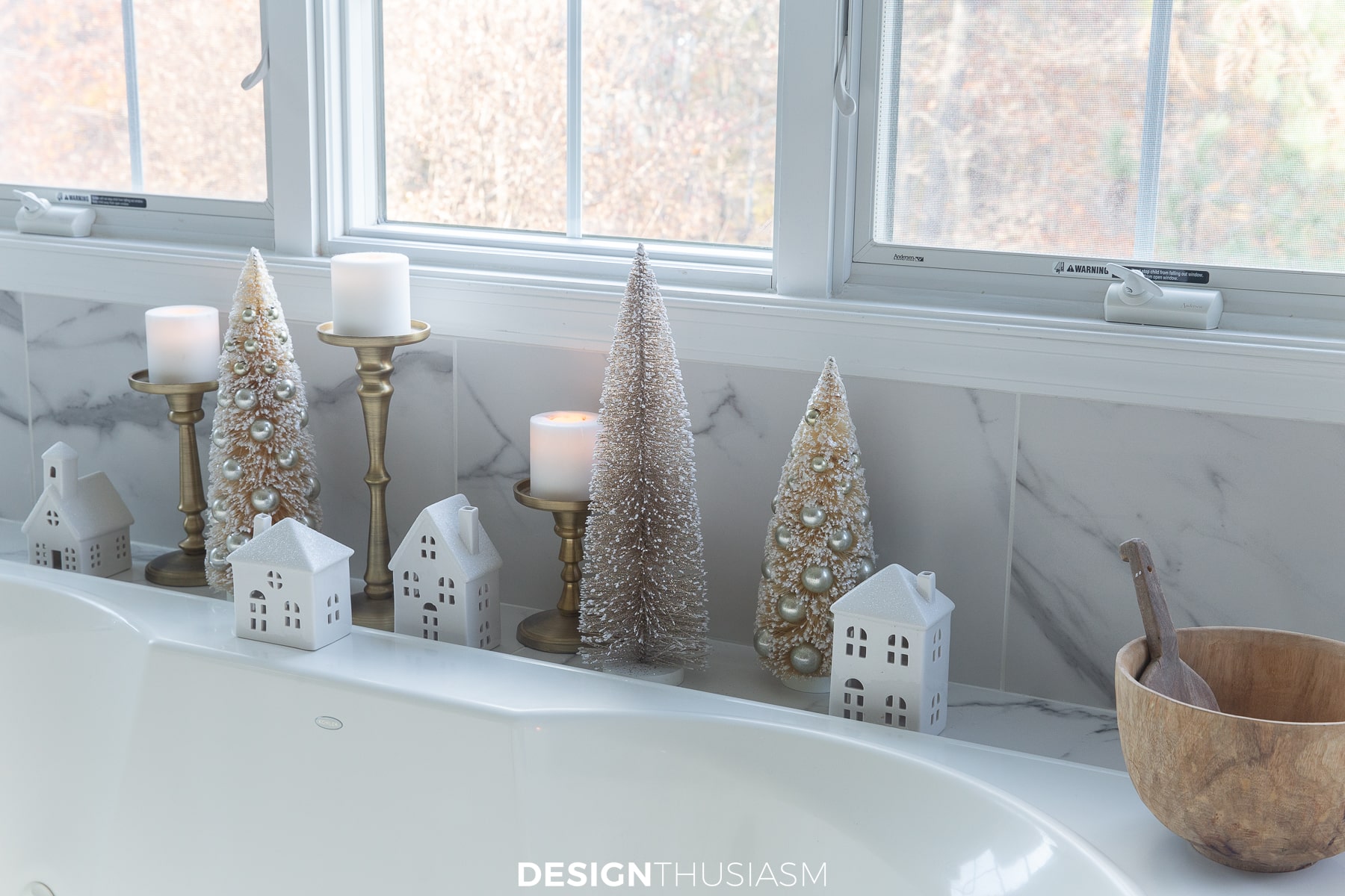 christmas decorations for the bathroom with a Christmas village and bottle brush trees