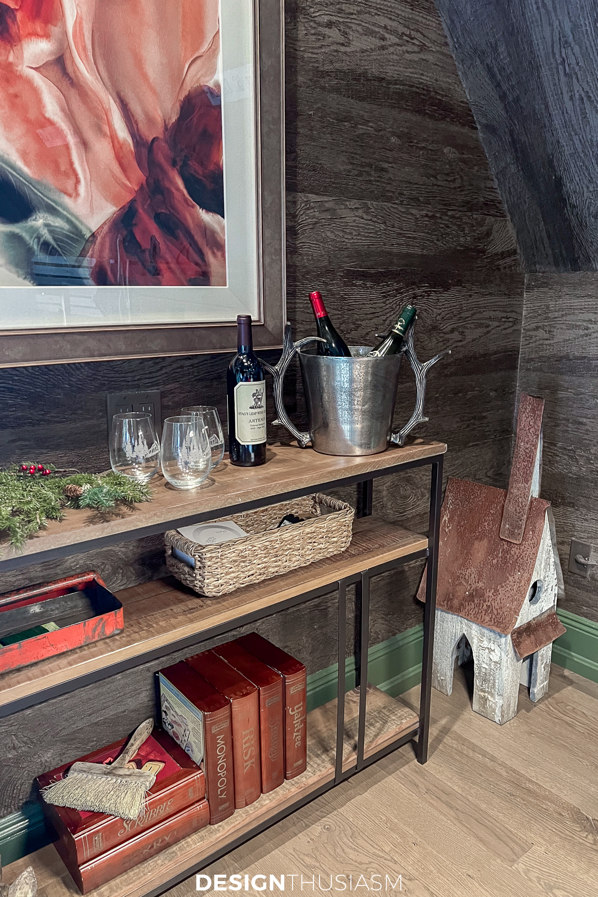 cozy cabin console with rustic christmas decorations