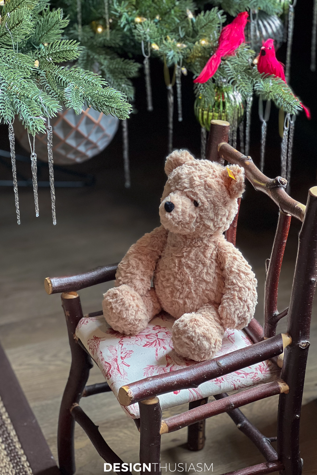 cozy cabin child's chair with rustic christmas decorations