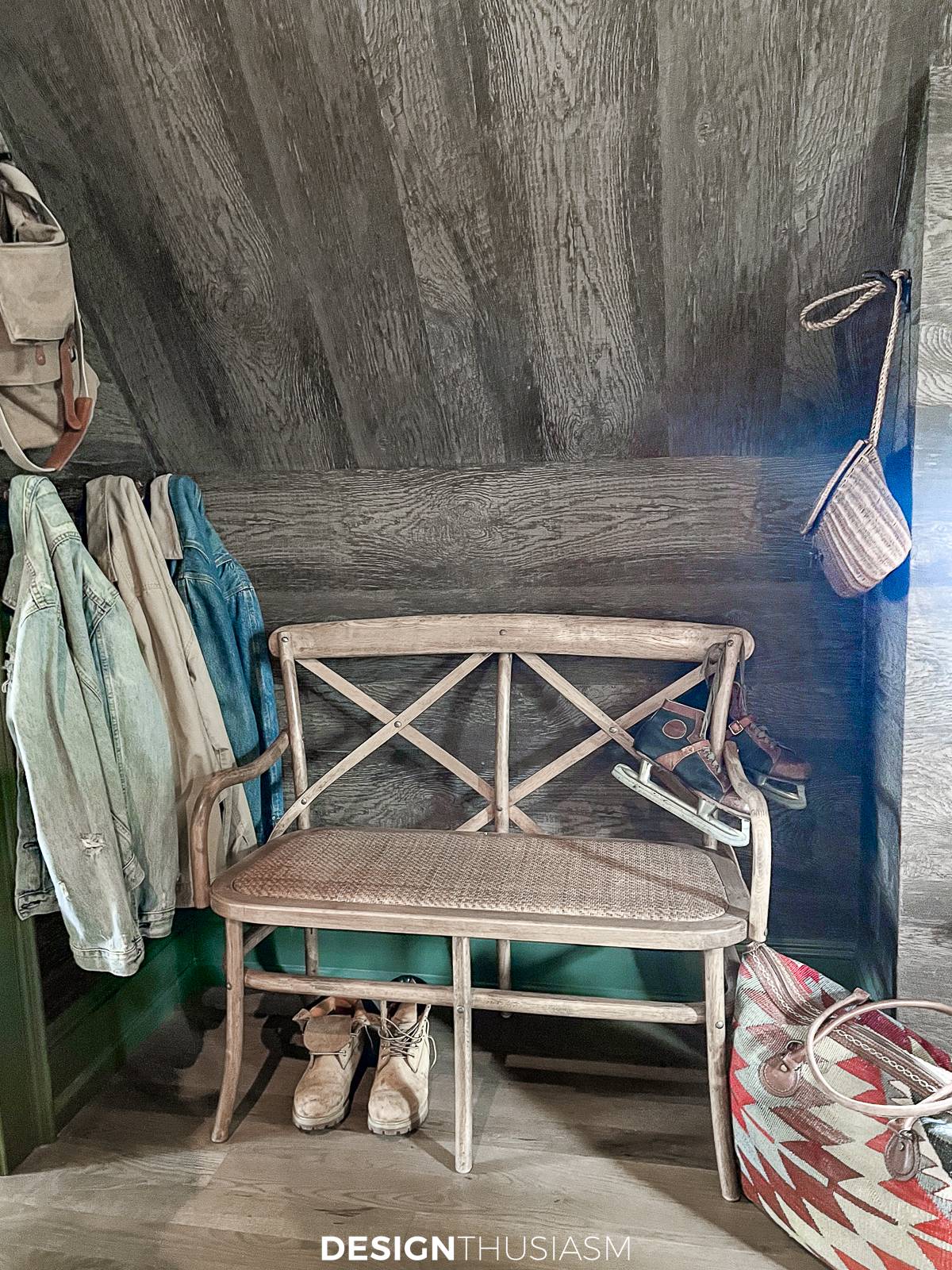 cozy cabin bench with rustic christmas decorations