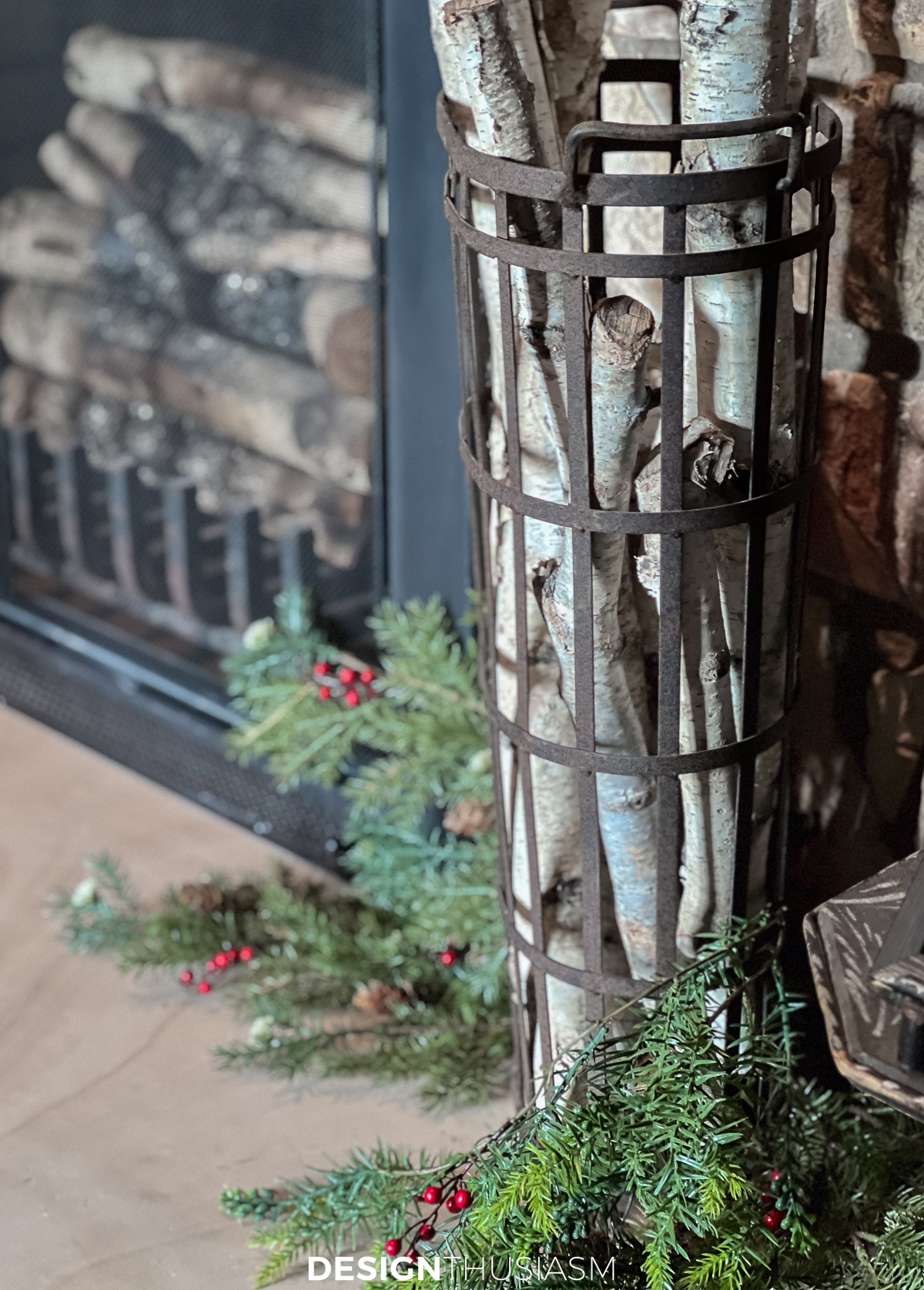 cozy cabin hearth with rustic christmas decorations