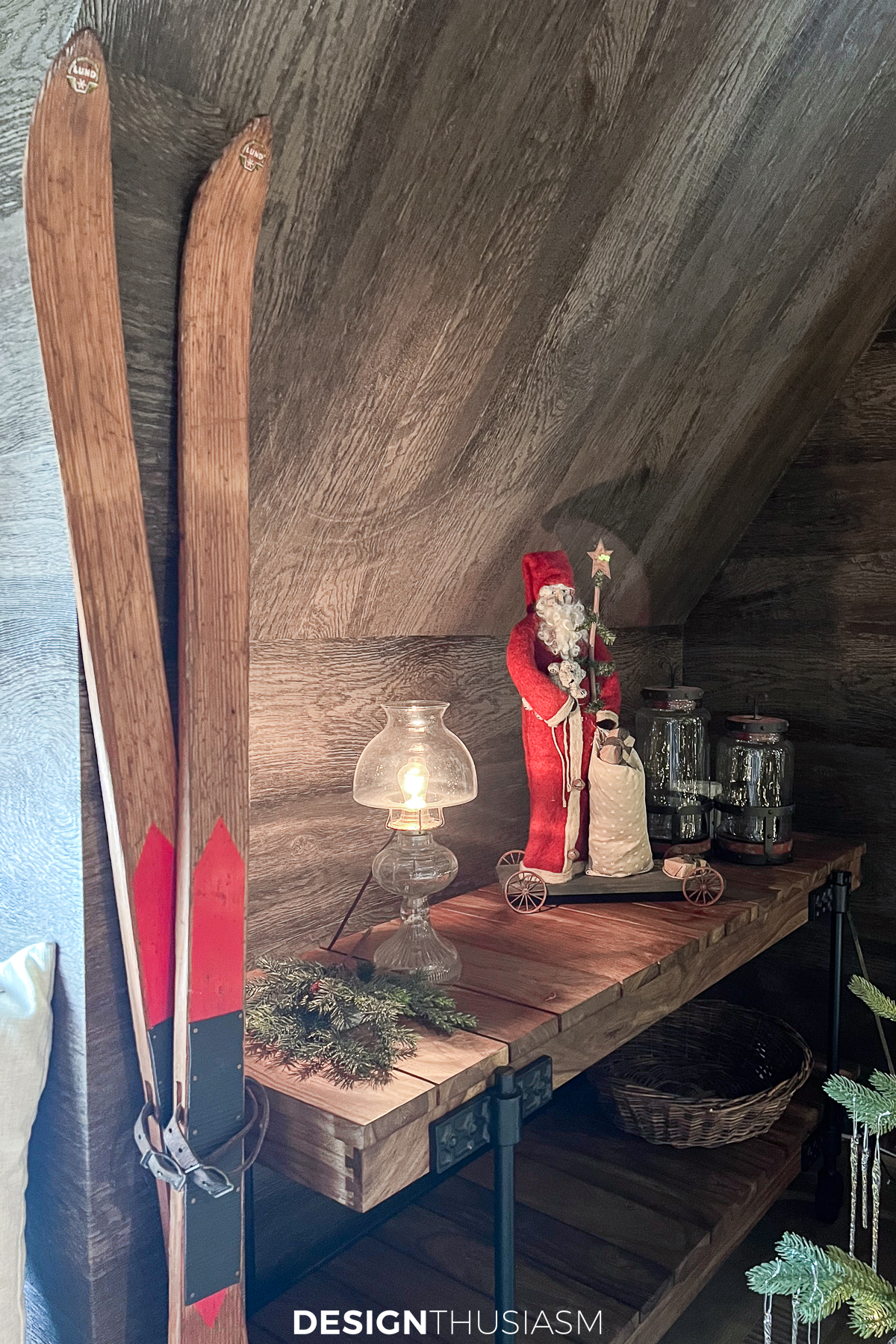 cozy cabin console with rustic christmas decorations