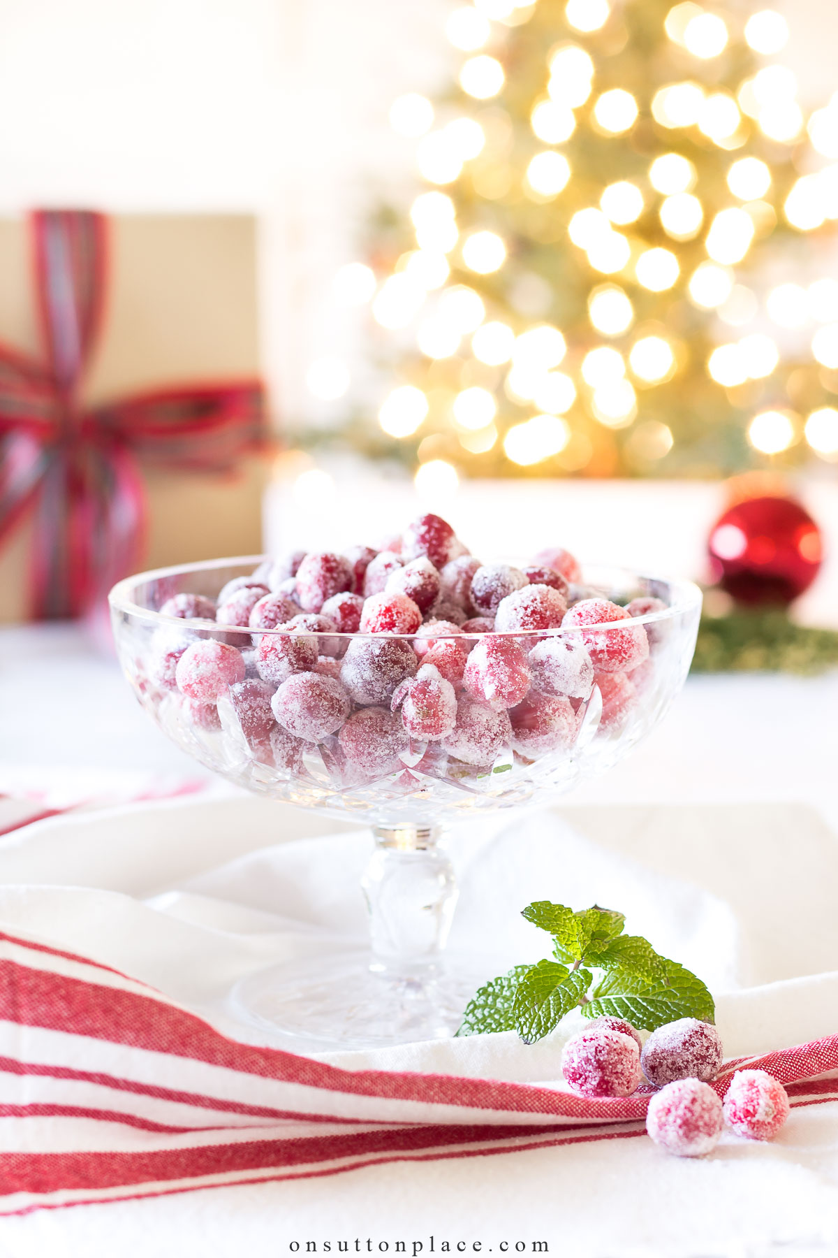 sugared cranberries in crystal bowl