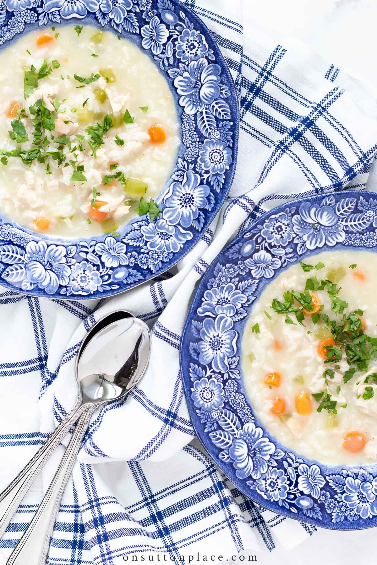 bowls of chicken and rice soup