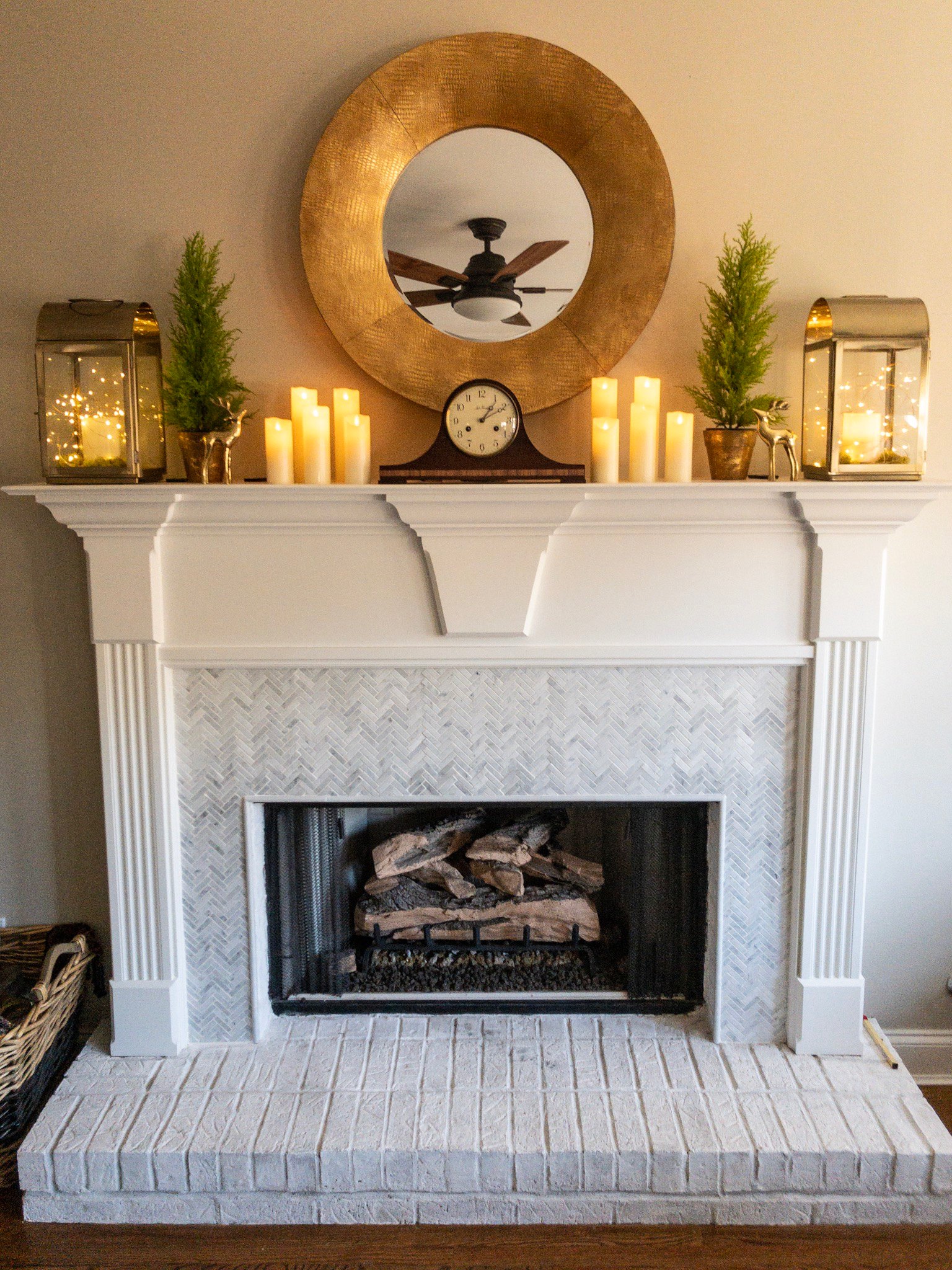 how to add marble herringbone tile to fireplace