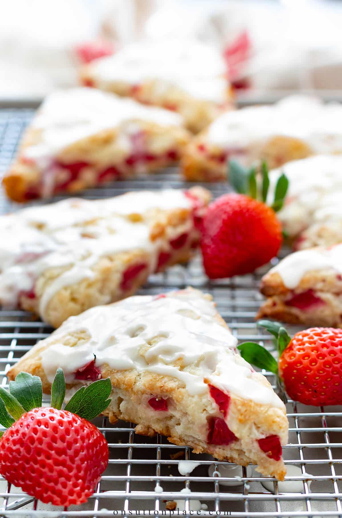 strawberry scones on cooling rack