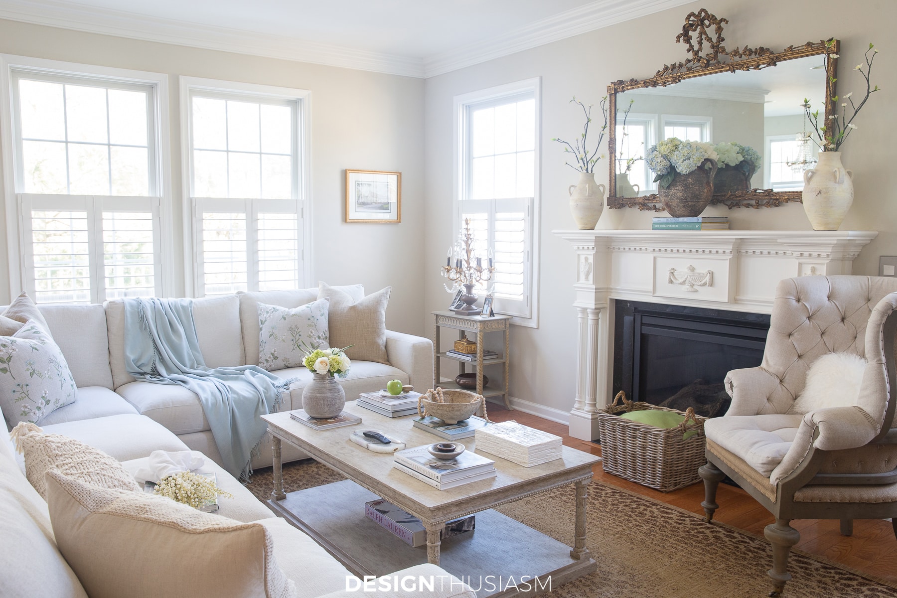 living room in soft tranquil spring colors