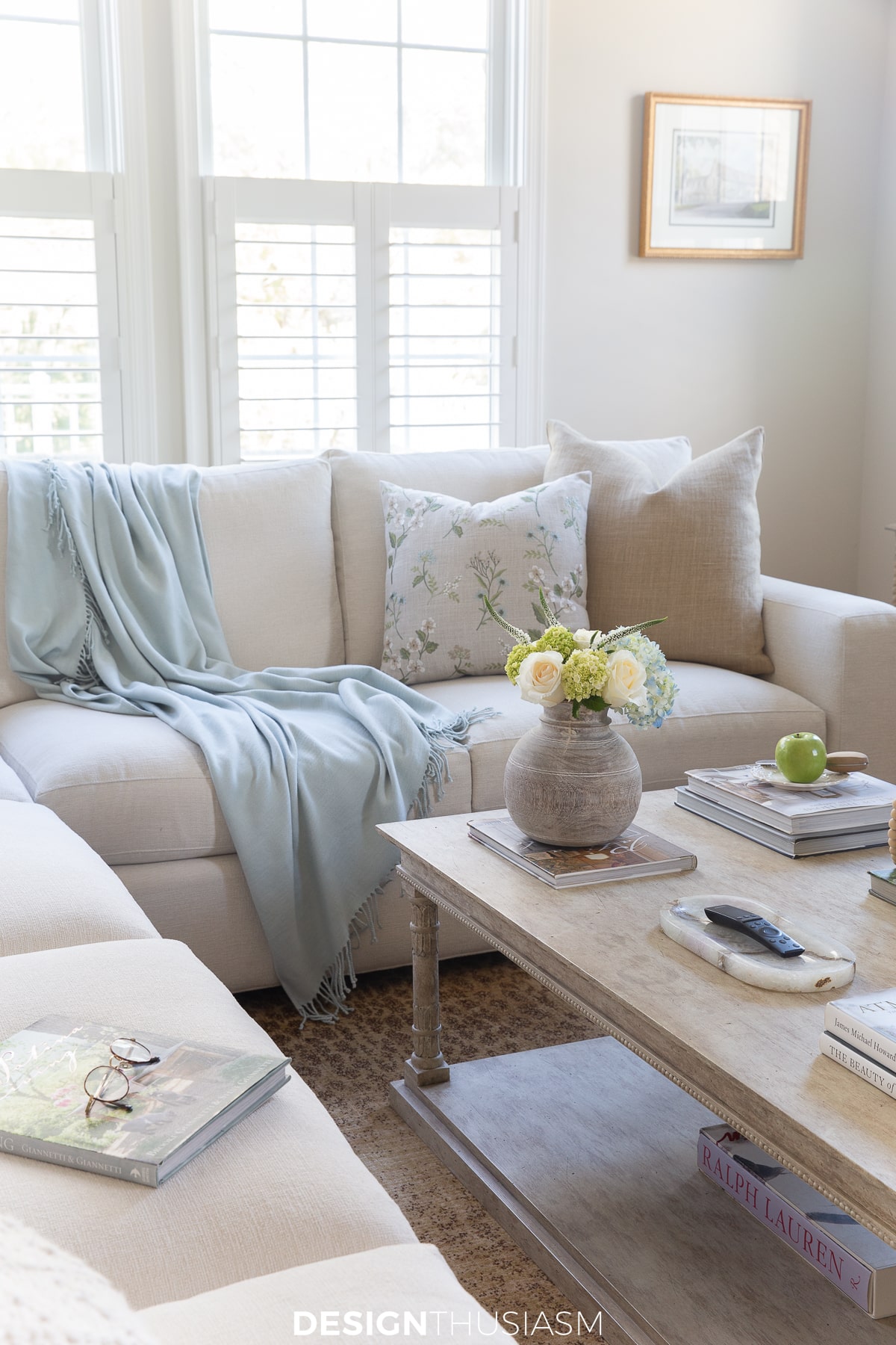 living room with soft tranquil spring colors