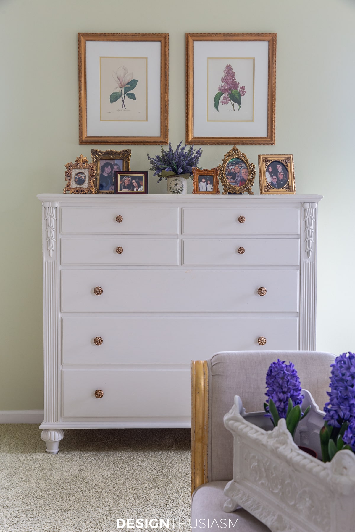 white bedroom chest with potted lavender