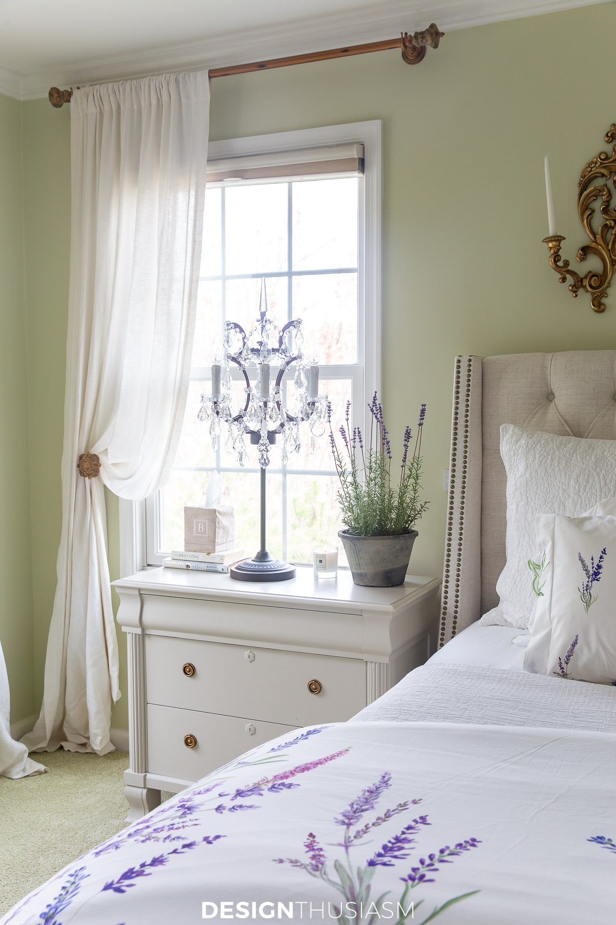 painted nightstand with lavender plant