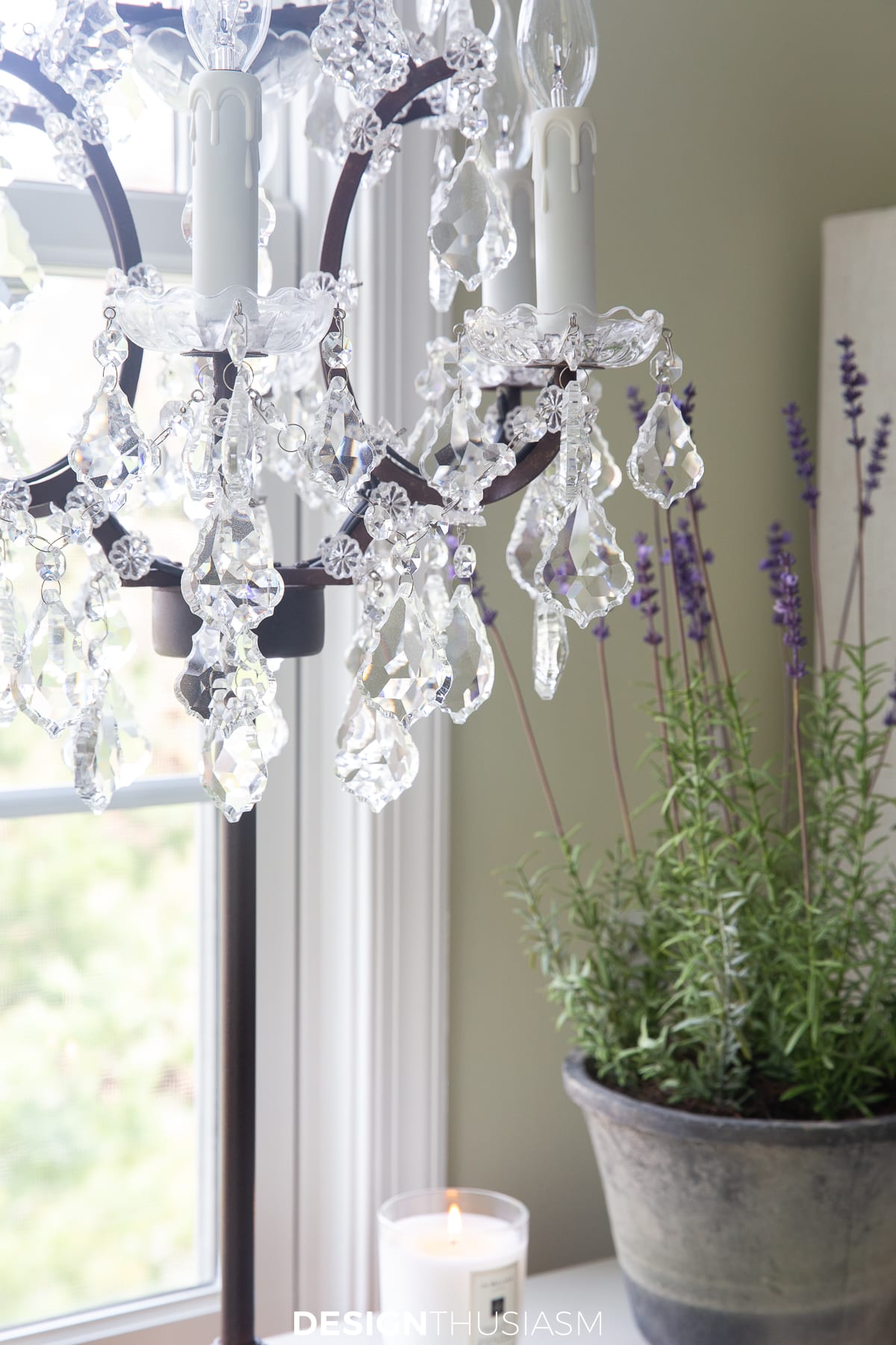 crystal drop bedside lamp and lavender plant