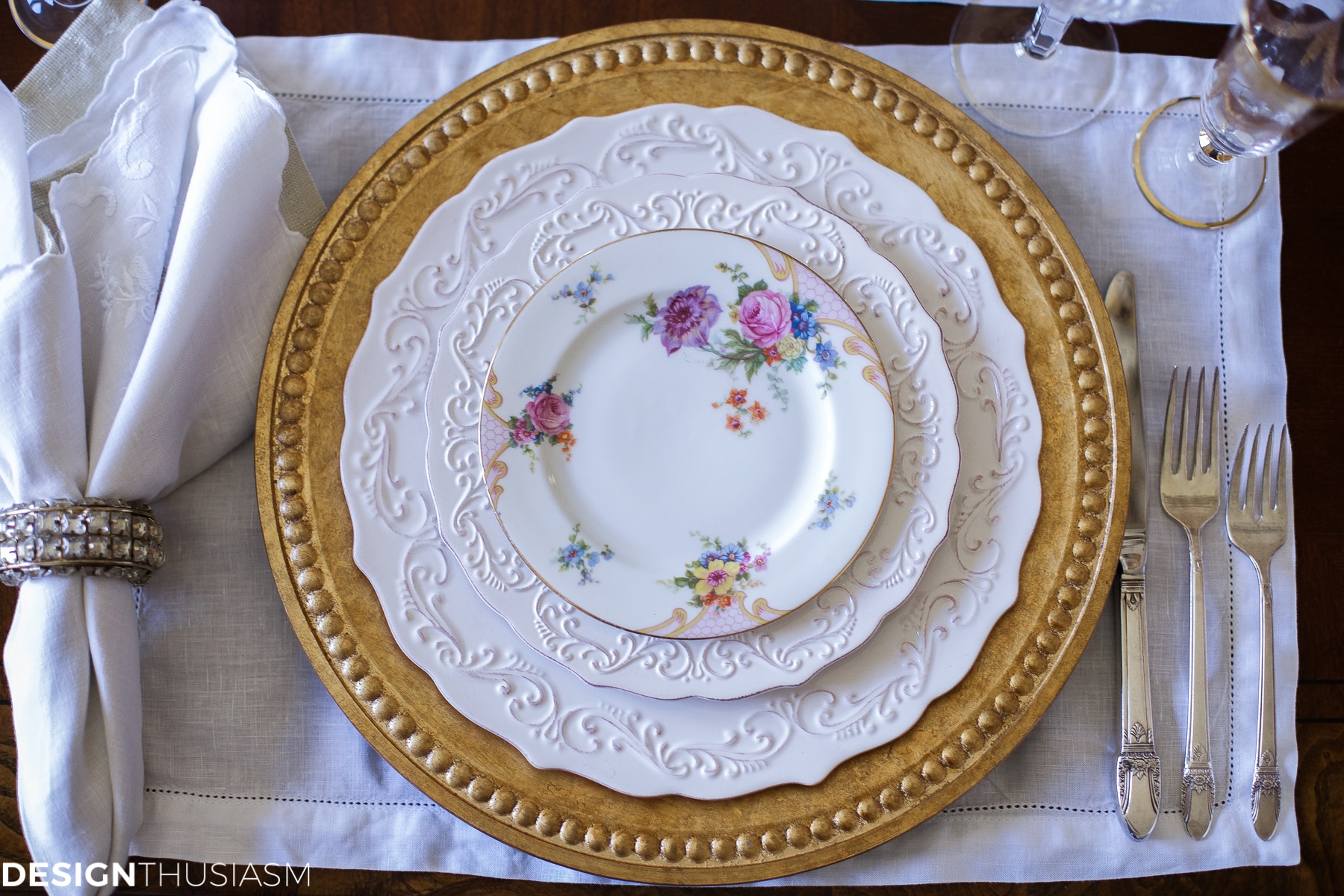 French country style table setting plate stack