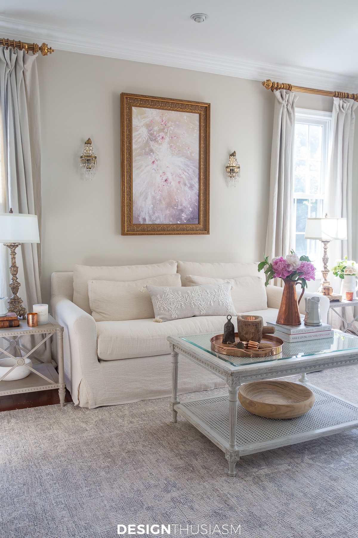 copper accents in a neutral living room