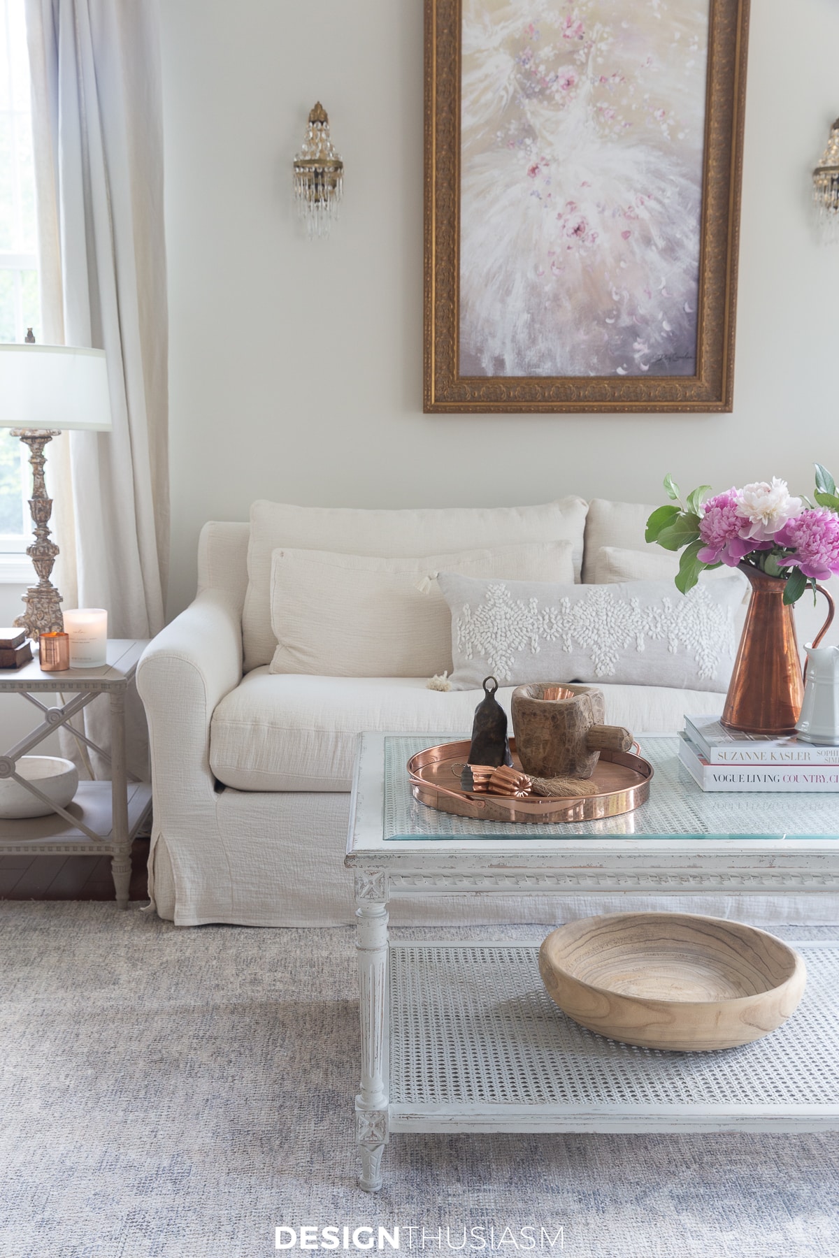 copper accents on living room tables